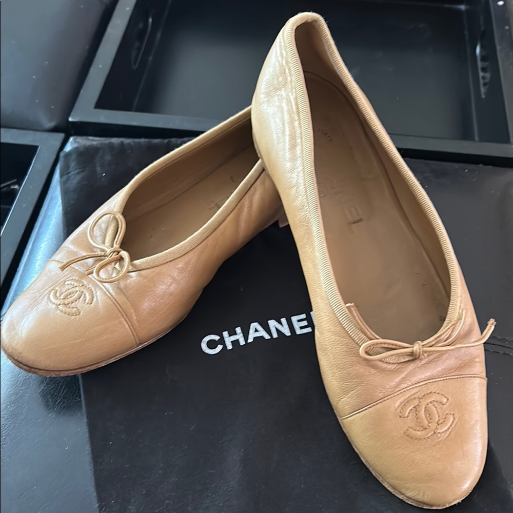 Chanel Tan Flats with Iconic CC Logo